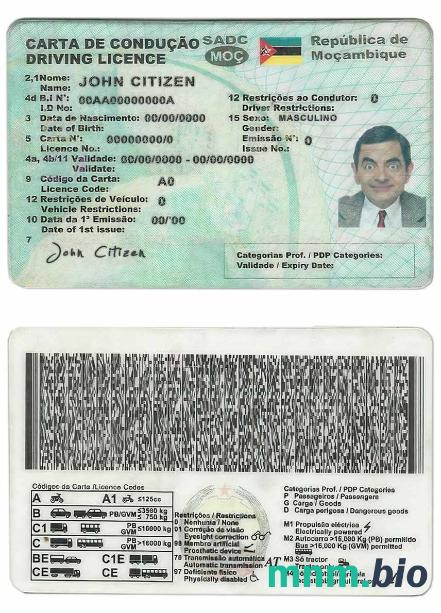 Szablon prawa jazdy Mozambiku w formacie PSD, ze wszystkimi czcionkami